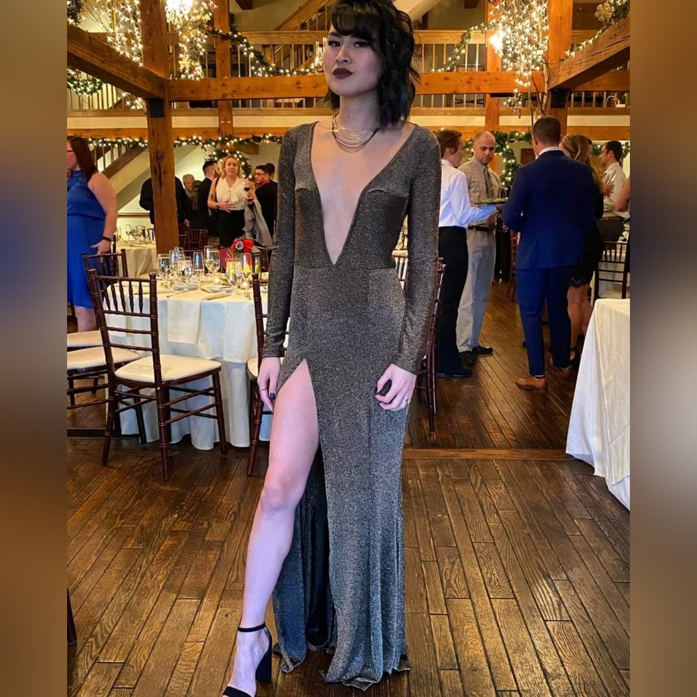 Custom long sleeve gold and black gown dress with thigh slit